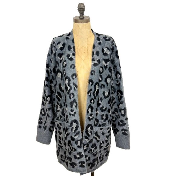 Evolution By Cyrus Open Cardigan Sweater L Fuzzy Leopard Slate Cheetah NWT B35 - Picture 2 of 6